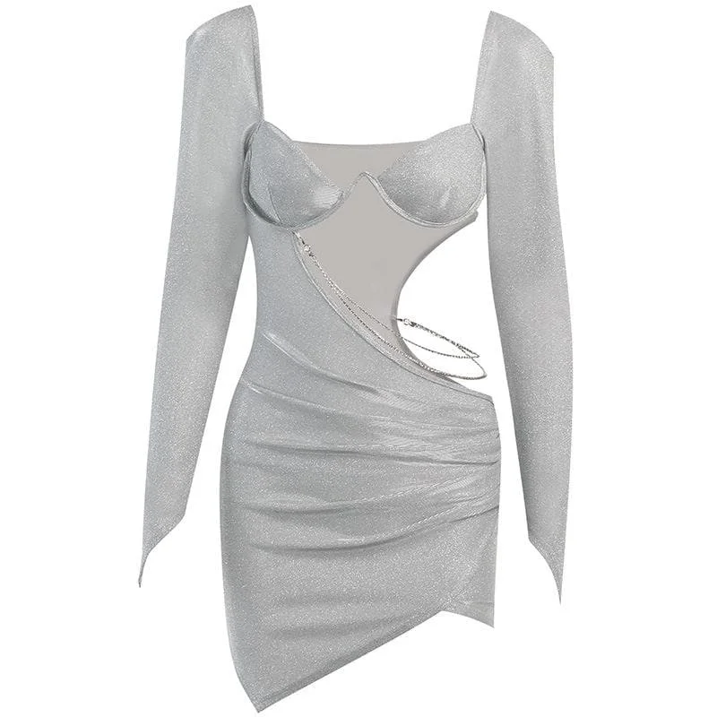 BerryBetty - Ruched solid long sleeve low cut hollow out mini dress Cozy Sweater Mini Dress