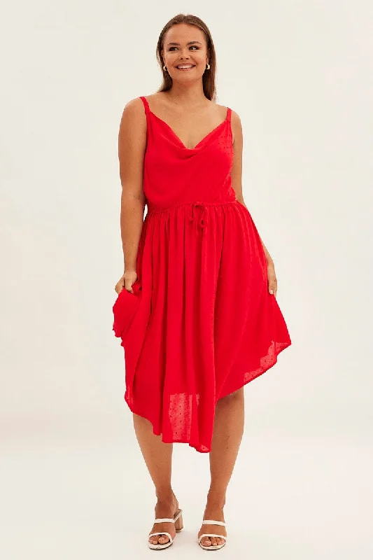 Red Party Dress Strappy V Hem Crinkle Dobby Viscose Sequined Elegant Party