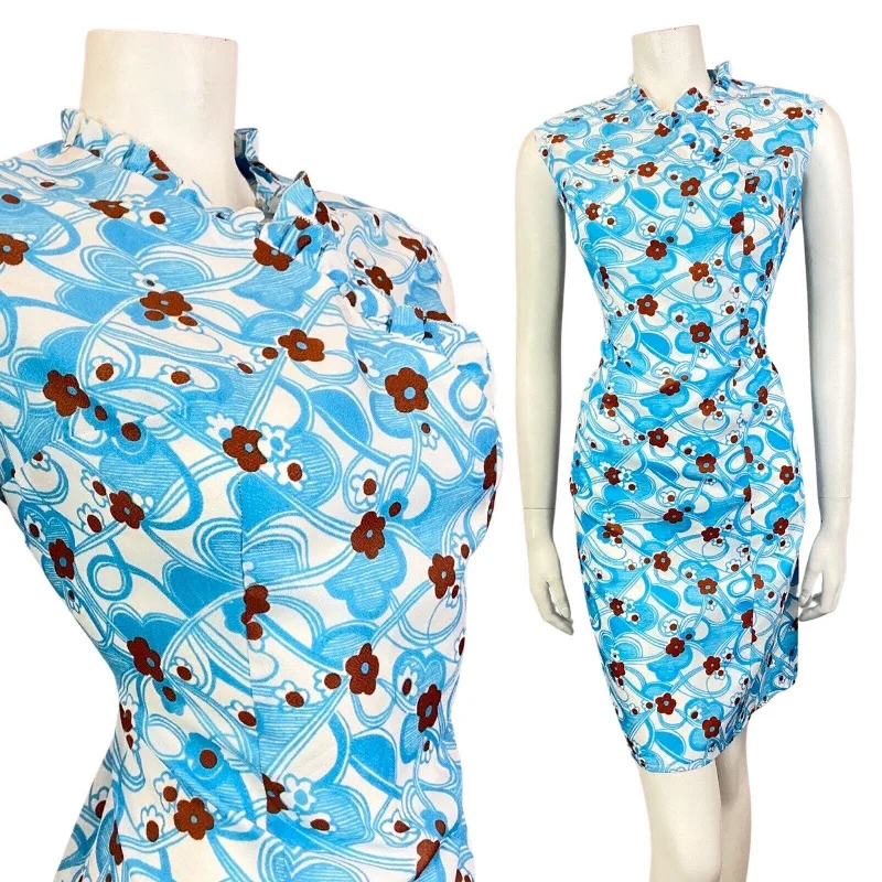 VINTAGE 60s 70s BLUE WHITE BROWN PSYCHEDELIC DAISY FLOWER MOD WIGGLE DRESS 14 16 Halter Neckline Beach VINTAGE 60s 70s BLUE WHITE BROWN PSYCHEDELIC DAISY FLOWER MOD WIGGLE DRESS 14 16 Halter Neckline Beach