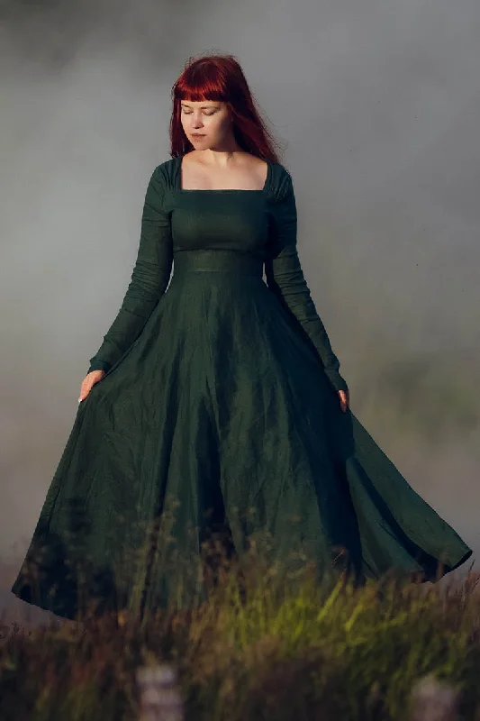 Swing Maxi Green Women Linen Dress 3738 Tunics Office stylish
