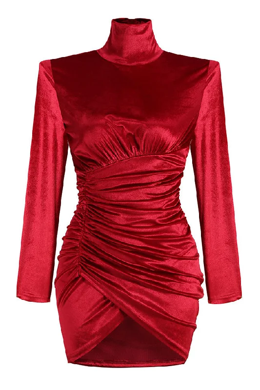 Elegant Turtleneck Long Sleeve Ruched Velvet Cocktail Party Dress - Hot Pink Tunics Velvet soft