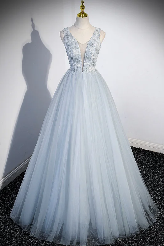 Angelica | Cute V-Neck Tulle Long Prom Dress, Gray Evening Dress Party Dress Tunics Sophisticated sleek