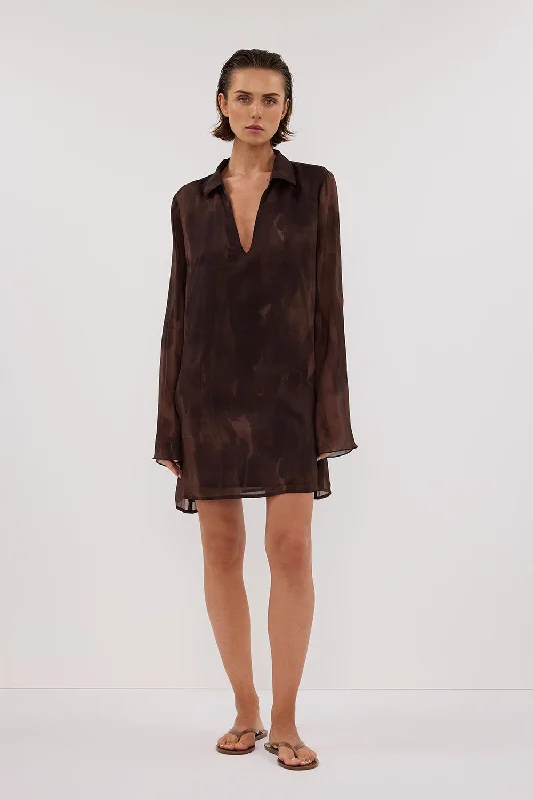 WILLOW CHOC SLEEVED MINI DRESS Fashionable Button-Front Mini Dress