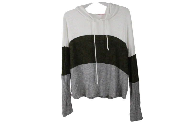 Pink Lady Green Color Blocked Waffle Knit Hoodie | S Hoodie with Drop Shoulder Relaxed Streetwear