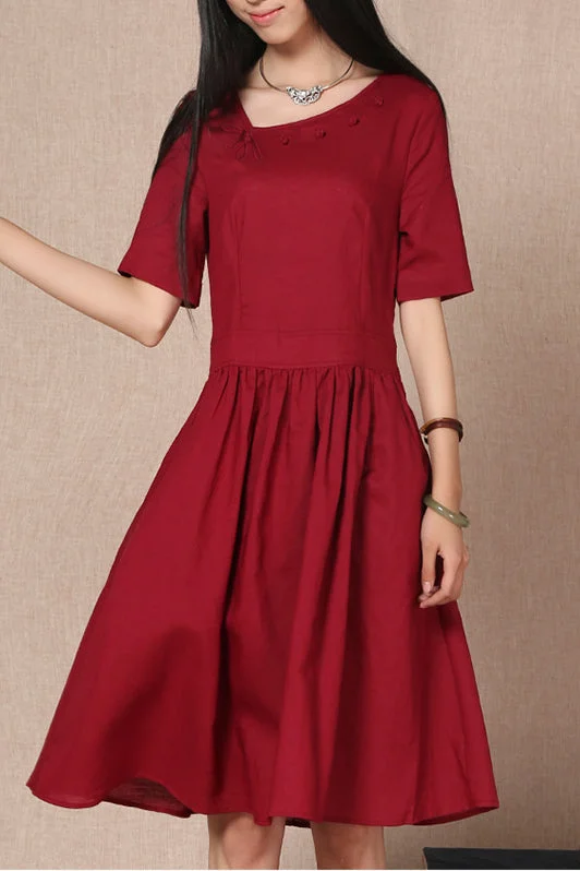 Summer Pure Color Short Sleeve Cotton Linen Dress 3690 Tunics Ceremony elegant