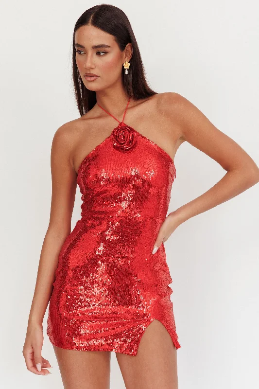 Senora Halter Sequin Mini Dress Red Comfortable Bodycon Mini Dress