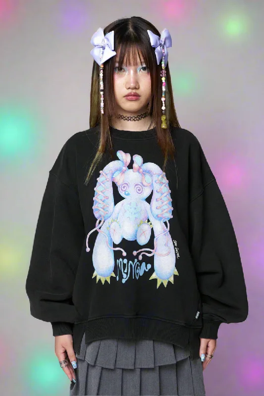 Minga London x Ema Gaspar Bunny Graphic Sweatshirt Hoodie with Hem Fringe Bohemian Relaxed