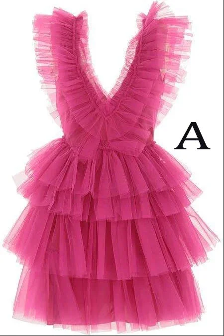 A Line Hot Pink V Neck Tiered Homecoming Dress Sweet Tulle Short Cocktail Party Dress OK1536 Lace Sexy Club