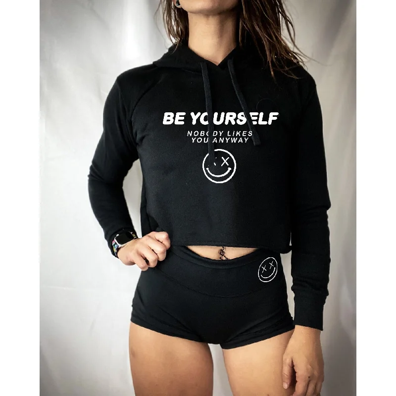 Salty Savage Ladies "BE YOURSELF, NOBODY LIKES YOU ANYWAY" Cropped Hoodie | Black/White Hoodie with Hem Patch Decorative Personalized