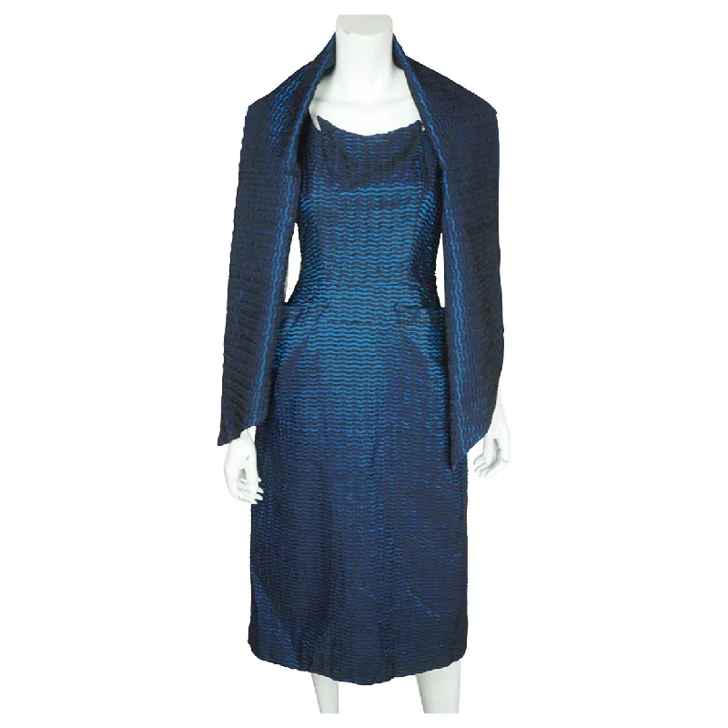 Vintage 1950s Cocktail Party Dress Blue and Black Taffeta New York Fashion Size M Tunics Bridal satin