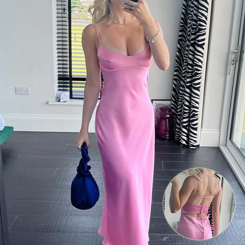 Women Camis Satin Long Dresses Elegant Sleeveless Slip Holiday Party Dresses Sexy Casual Backless Summer Dresses Off-the-shoulder Bohemian Festive