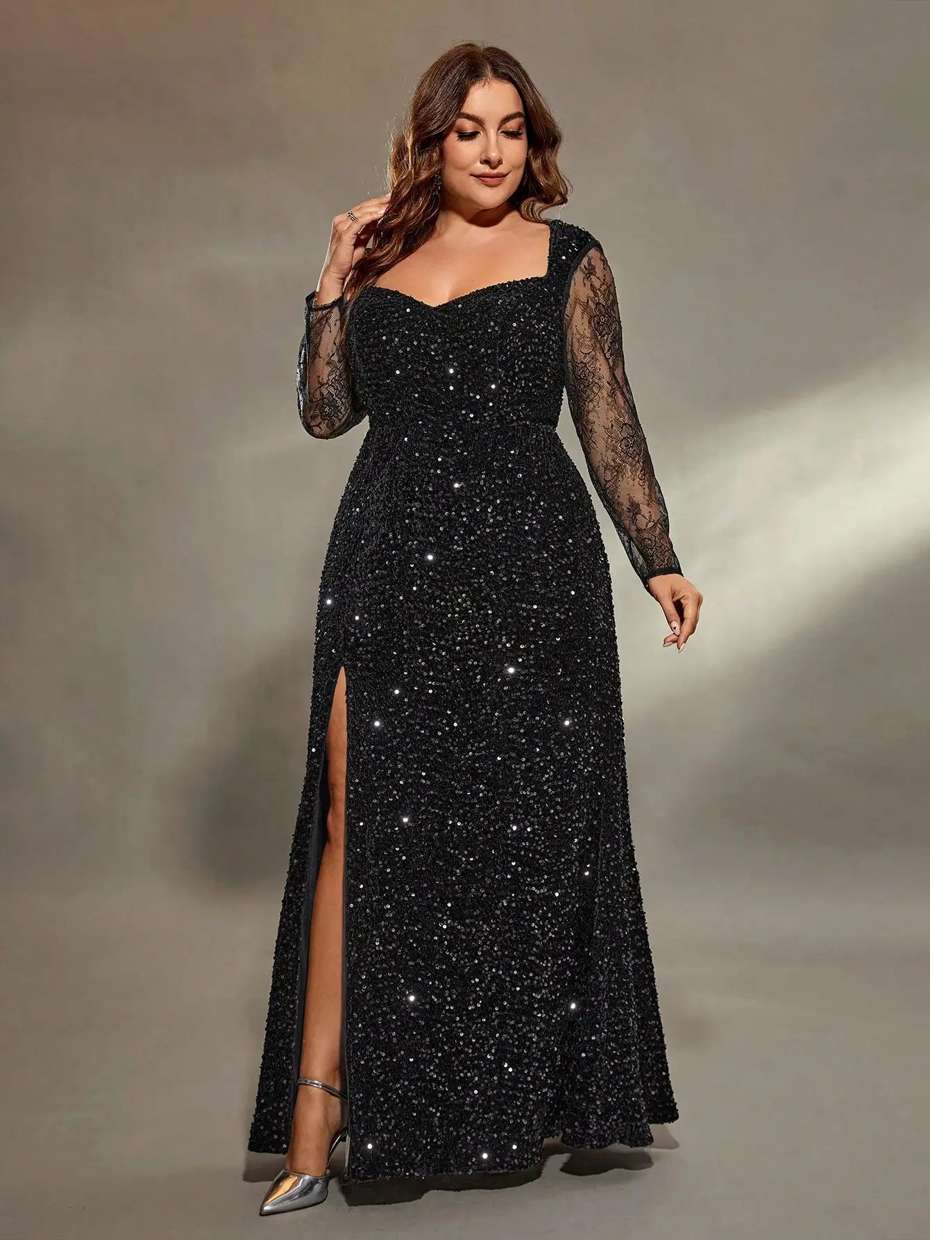 Black Plus Size Sequin Lace Long Sleeve Party Dress Tunics Sale discount