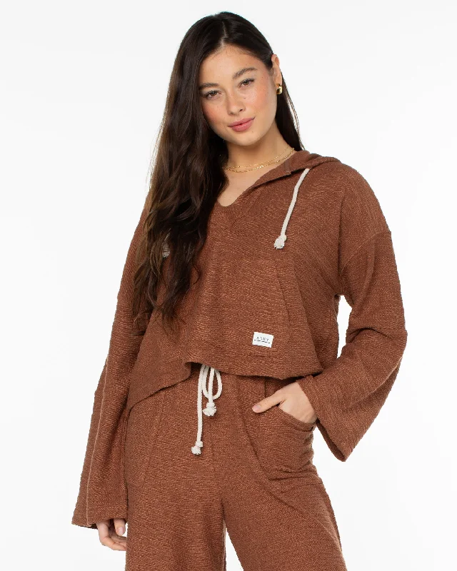 Rich Coast Cropped Hoodie - Carob Brown Hoodie with Stripes Bold Sporty
