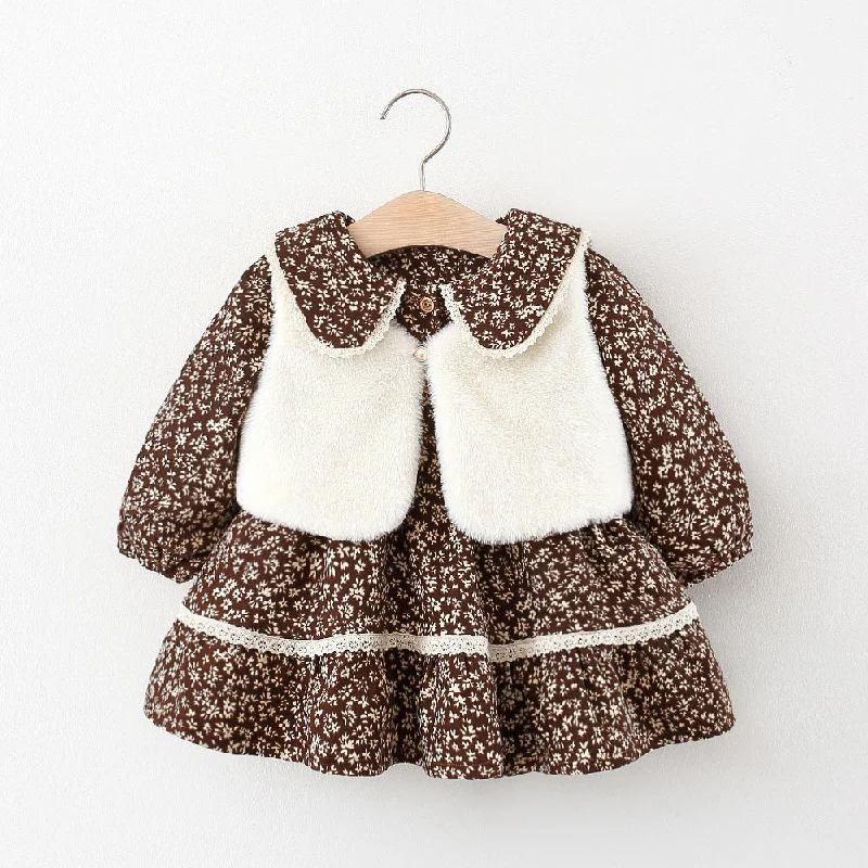 Rabbit Collar Fur Vest Floral Two-Piece Dress Tunics Sophisticated sleek