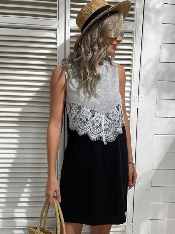 European and American vest skirt sleeveless stitching lace dress Tunics Occasion special European and American vest skirt sleeveless stitching lace dress Tunics Occasion special