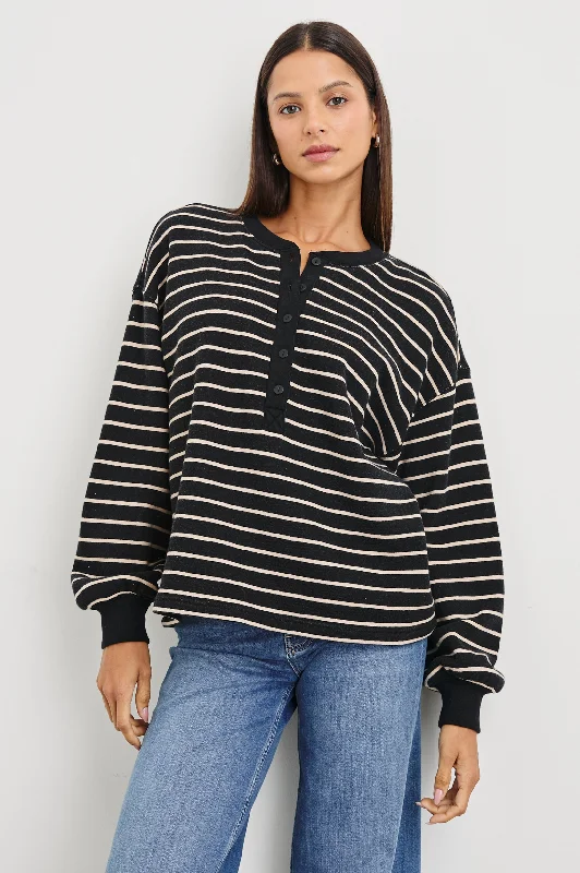 JOAN SWEATSHIRT - BLACK IVORY STRIPE Hoodie with Hem Frayed Vintage Worn