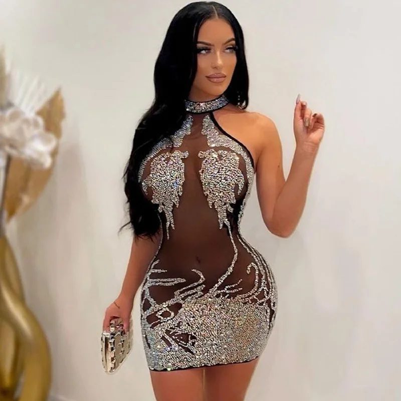 Sexy Mesh Rhinestone Short Prom Evening Mini Dress Chic Pleated Mini Dress