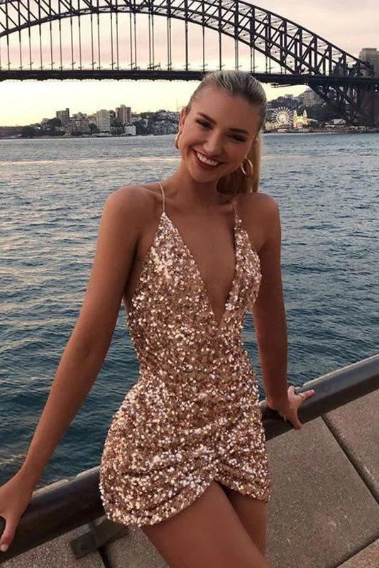 Sexy Sparkly Gold Spaghetti Strap V-neck Mermaid Short Homecoming Party Dress OK1658 Tunics Fall fleece Sexy Sparkly Gold Spaghetti Strap V-neck Mermaid Short Homecoming Party Dress OK1658 Tunics Fall fleece