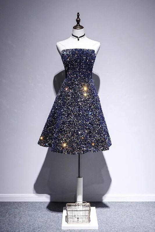 Glitter Strapless A-line Homecoming Party Dress Chic Short Prom Dress B0004 Crew Neckline Casual