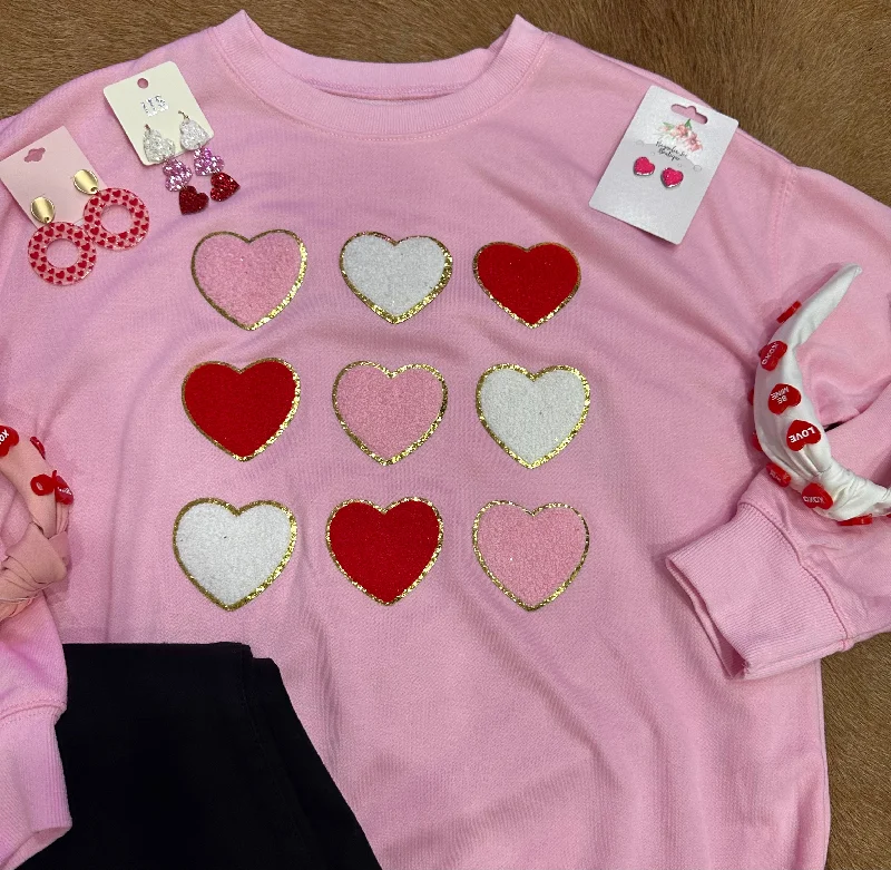 Chenille Heart Tic-Tac-Toe Valentines Sweatshirt Hoodie with Cuffed Sleeves Snug Secure