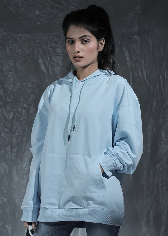 Solid Women Drop Shoulder Premium Terry Hoodie | Sky | Pronk Hoodie with Pastel Soft Subtle