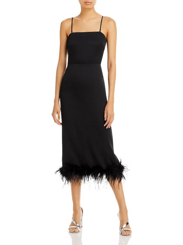 Womens Faux Feather Trim Back slit Cocktail and Party Dress sweetheart Neckline Romantic