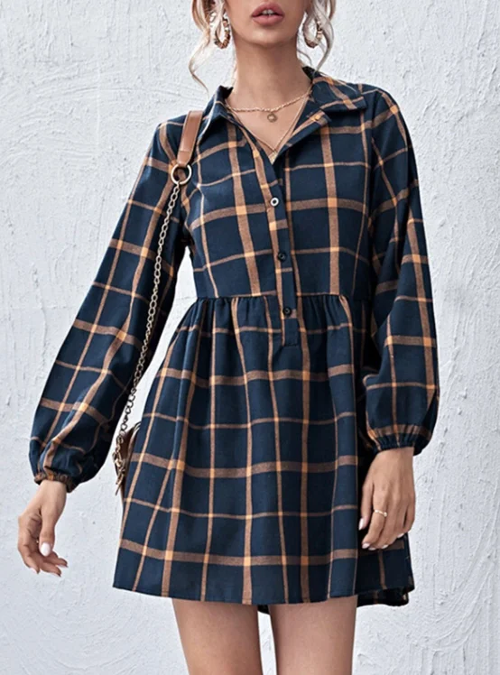 Ladies Navy V Neck Plaid Prints Buttons Casual Sweet Dress Tunics Stylish modern