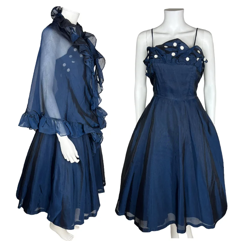 Vintage 1950s Party Dress w Spaghetti Straps and Organza Shawl Tunics Prom sequined