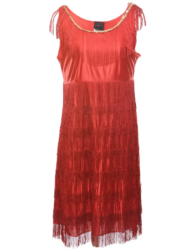 Sequined Red Fringed Flapper Style Party Dress - S Satin Halter Glamorous
