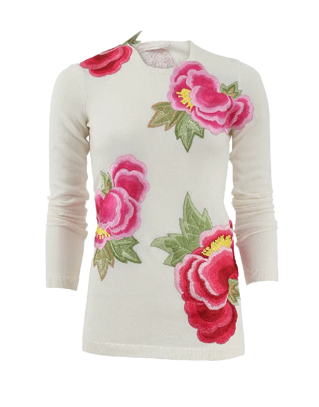 Floral Applique Cashmere Sweater Soft Cozy Warm