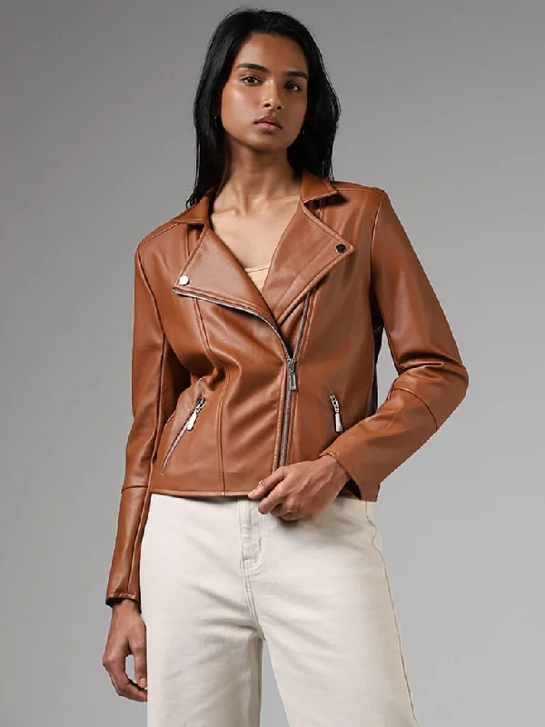 LOV Tan Brown Biker Jacket Hoodie Zip-Up Jacket Button-Up Jacket