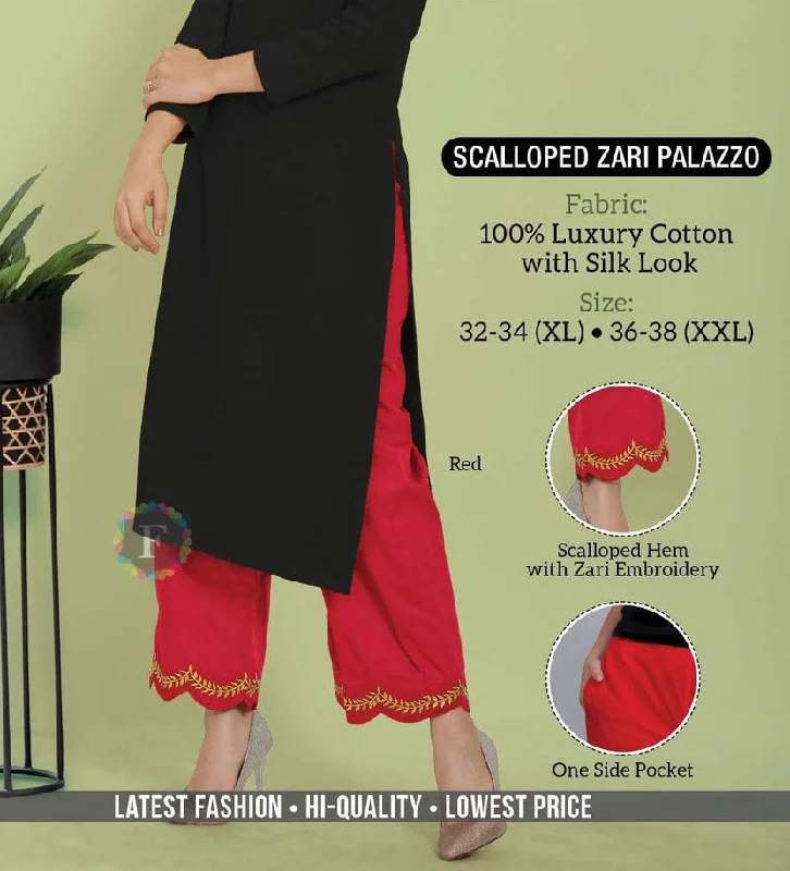 Red Cotton Palazzo Pants with Zari Embroidery Cozy Full-Length Pants