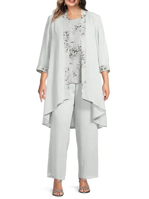 Chiffon Round Neck Floor-Length Plus Size Mother of the Bride Pantsuits with Jacket Soft Cotton Pants