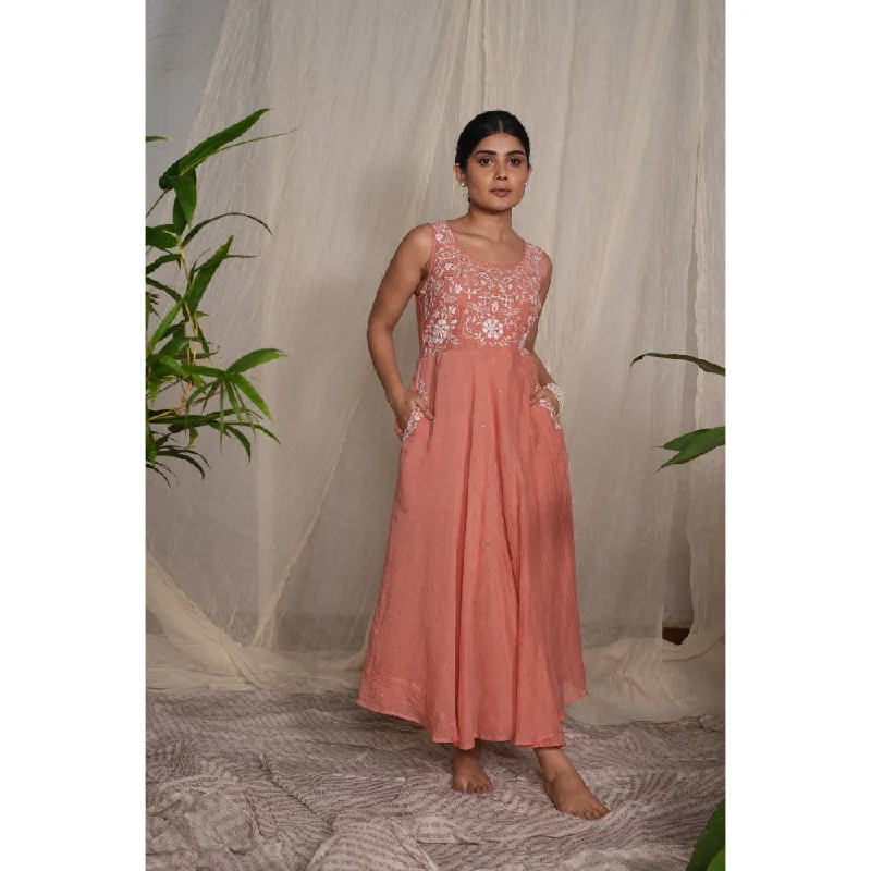 PANTS AND PAJAMAS Peach Chikan Chanderi Mull Dress Comfortable Cargo Pants
