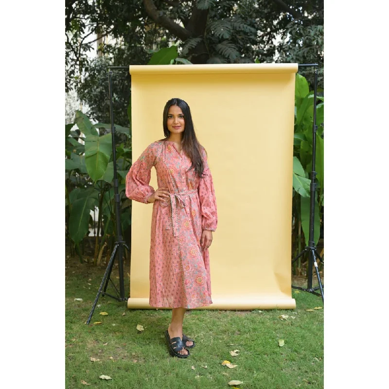 PANTS AND PAJAMAS Rosa Pink Block Printed Cotton Dress (Set of 2) Stylish Harem Pants