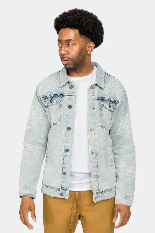 Faded Paisely Print Denim Jacket Nylon Jacket Polyester Jacket Spandex Jacket