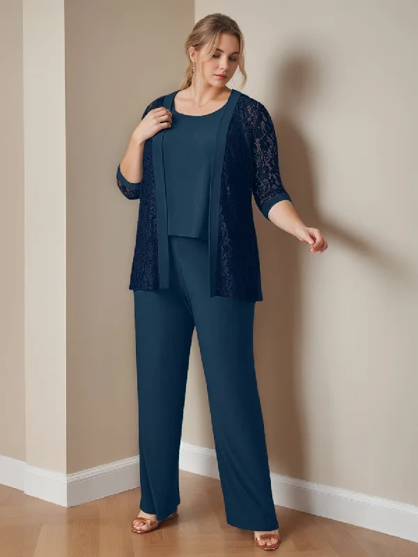 Chiffon 3 Pieces Scoop Neck 3/4 Length Sleeves Floor-Length Plus Size Mother Of The Bride Pantsuits With Jacket & Pockets Formal Linen Trousers