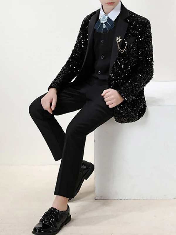 Boys Blazer Pants Clothing Set Long Sleeves 3 Pieces Boy's Wedding Suit Sets with Sequins Soft Stretch Leggings