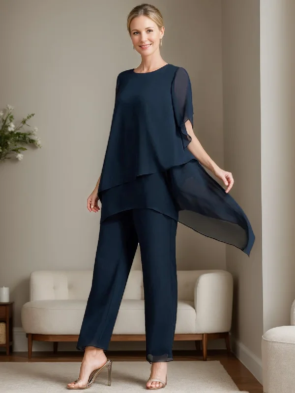 2 Pieces Chiffon Elegant Round Neck Mother of the Bride Pantsuits with Ruffles Stretch Fit Pants