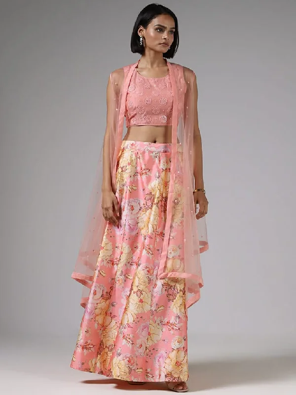 Vark Peach Mirror Embroidered Choli, Jacket and Floral Printed Skirt Set Satin Jacket Silk Jacket Chiffon Jacket Vark Peach Mirror Embroidered Choli, Jacket and Floral Printed Skirt Set Satin Jacket Silk Jacket Chiffon Jacket