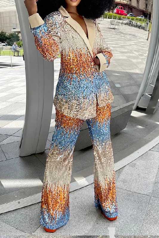 storexq Gradient Sequined Luxe One-Button Pant Suit Casual Plaid Pants