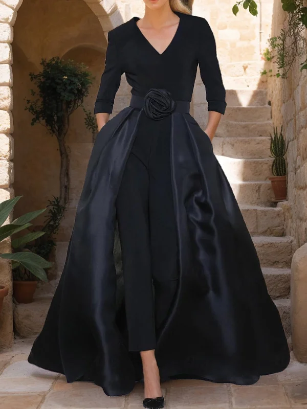 V-Neck 3/4 Sleeves Mother of the Bride Pantsuits with Flower Belt Soft Wool Pants
