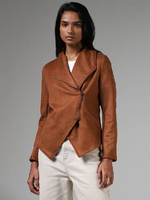 LOV Tan Brown Asymmetrical Zipper Suede Jacket Trench Coat Raincoat Waterproof Jacket LOV Tan Brown Asymmetrical Zipper Suede Jacket Trench Coat Raincoat Waterproof Jacket