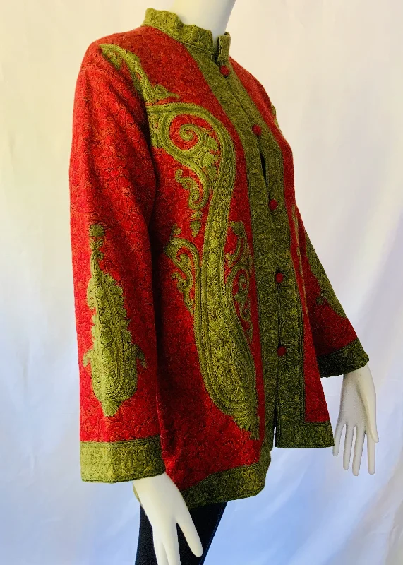Hand Embroidered Short Jacket - Olive Green and Red Faux Fur Fabric Real Fur Fabric Shearling Fabric
