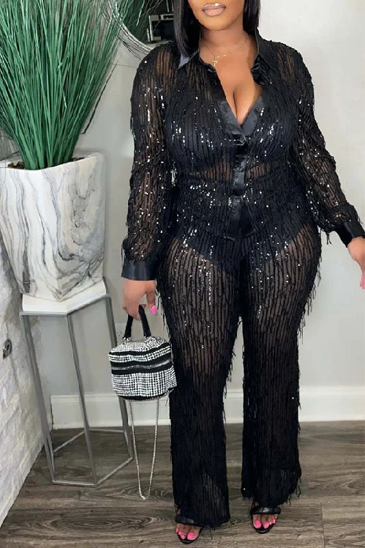 storexq Solid Color Sequined Tassel Sparkly Pant Suit Formal Wide-Leg Pants