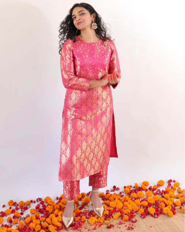 Pink brocade set- Kurta and pants Comfortable Denim Pants