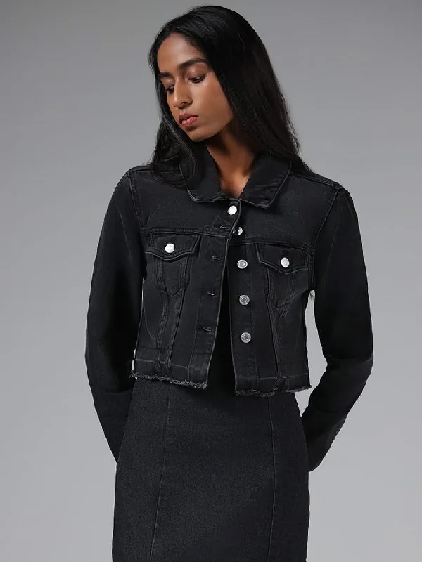 Nuon Black Cropped Denim Jacket Satin Jacket Silk Jacket Chiffon Jacket