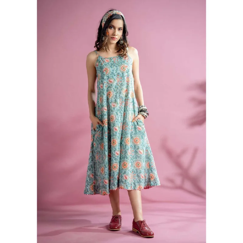 PANTS AND PAJAMAS Ariel Aqua Block Printed Cotton Dress Fashionable Work Pants