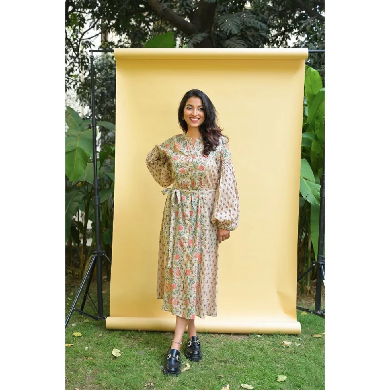 PANTS AND PAJAMAS Savannah Beige Block Printed Cotton Dress (Set of 2) Warm Wool Trousers