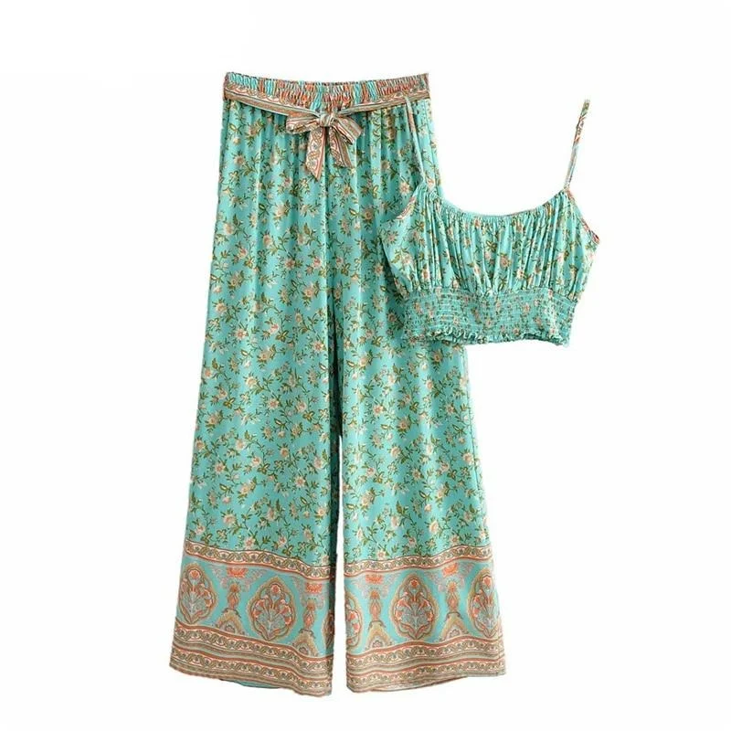 Two Piece Pale Mint Green Boho Wide Leg Pant & Matching Camis Set Modern Skinny Pants